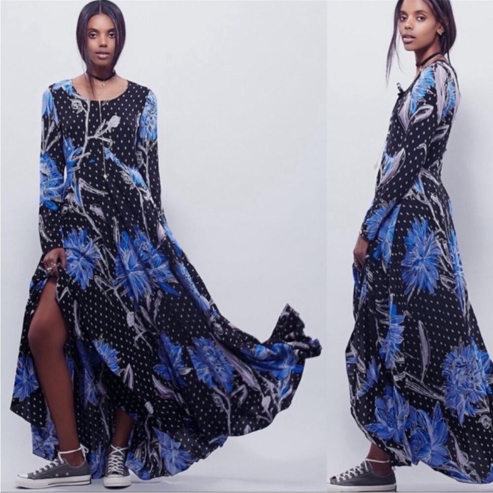 Free People Black Maxi Dress with Blue Floral Print